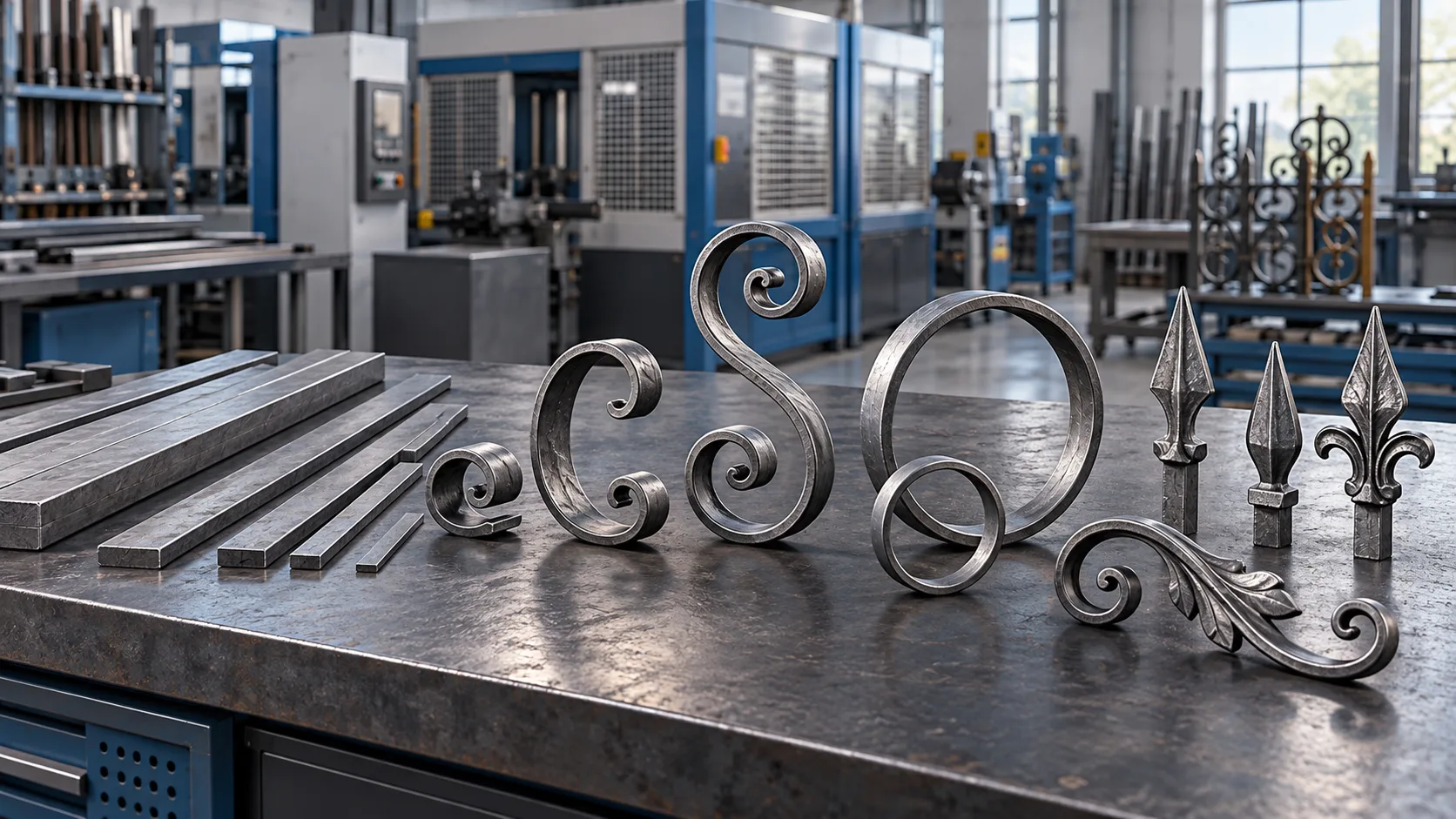Conceptual steel bars, decorative scrolls and rings for wrought iron production planning
