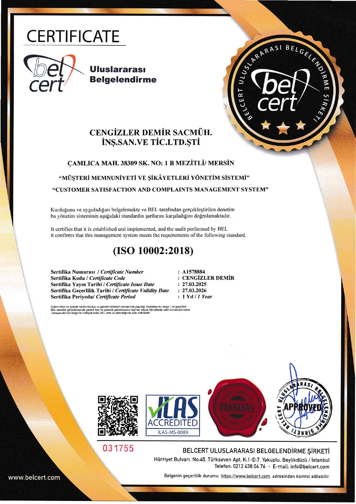 ISO 10002:2018 Certificate